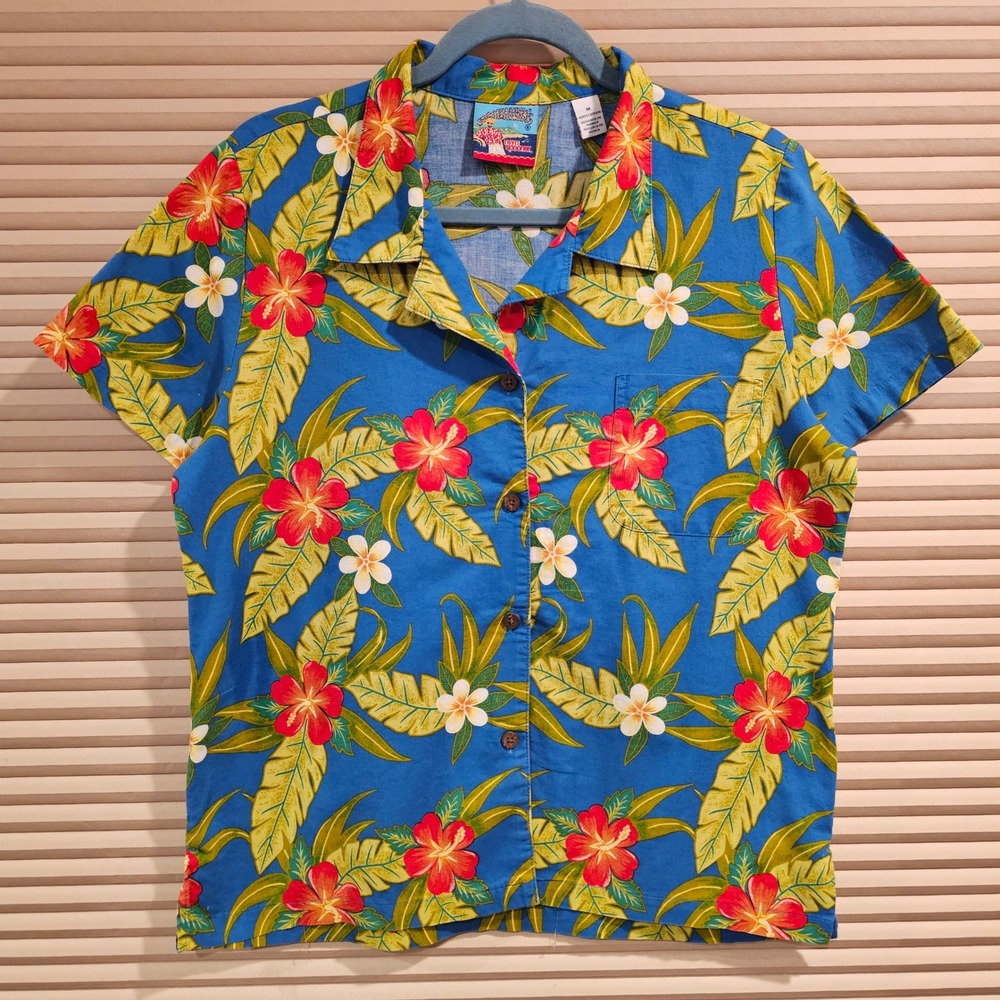 Joe Kealoha's Reyn Spooner Hawaiian Shirt Blue Floral Cotton Women's M Button-up